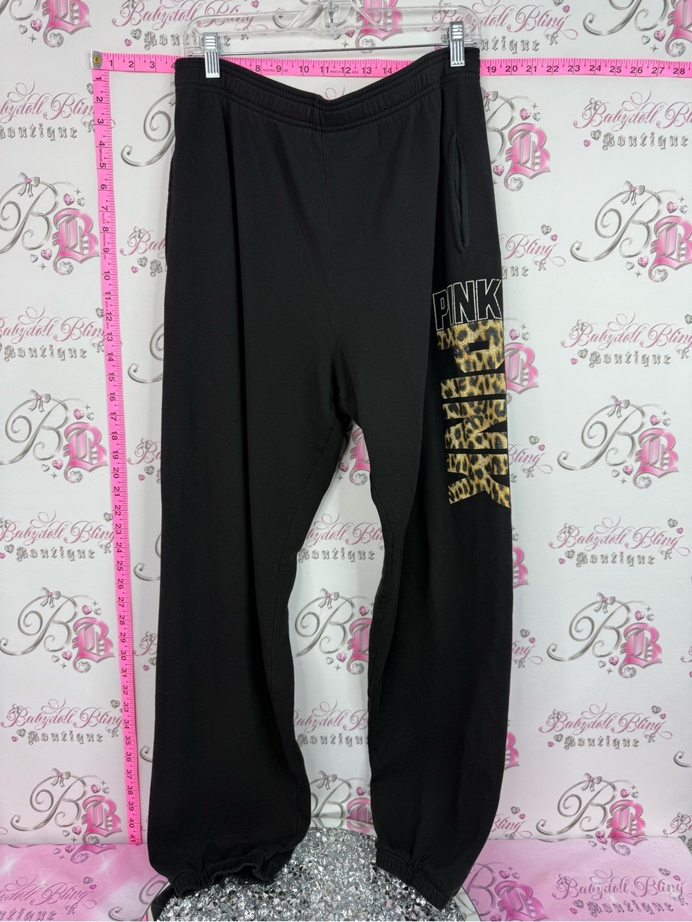 PINK Victoria's Secret 2014 Black Sweatpants with Leopard Print Accent